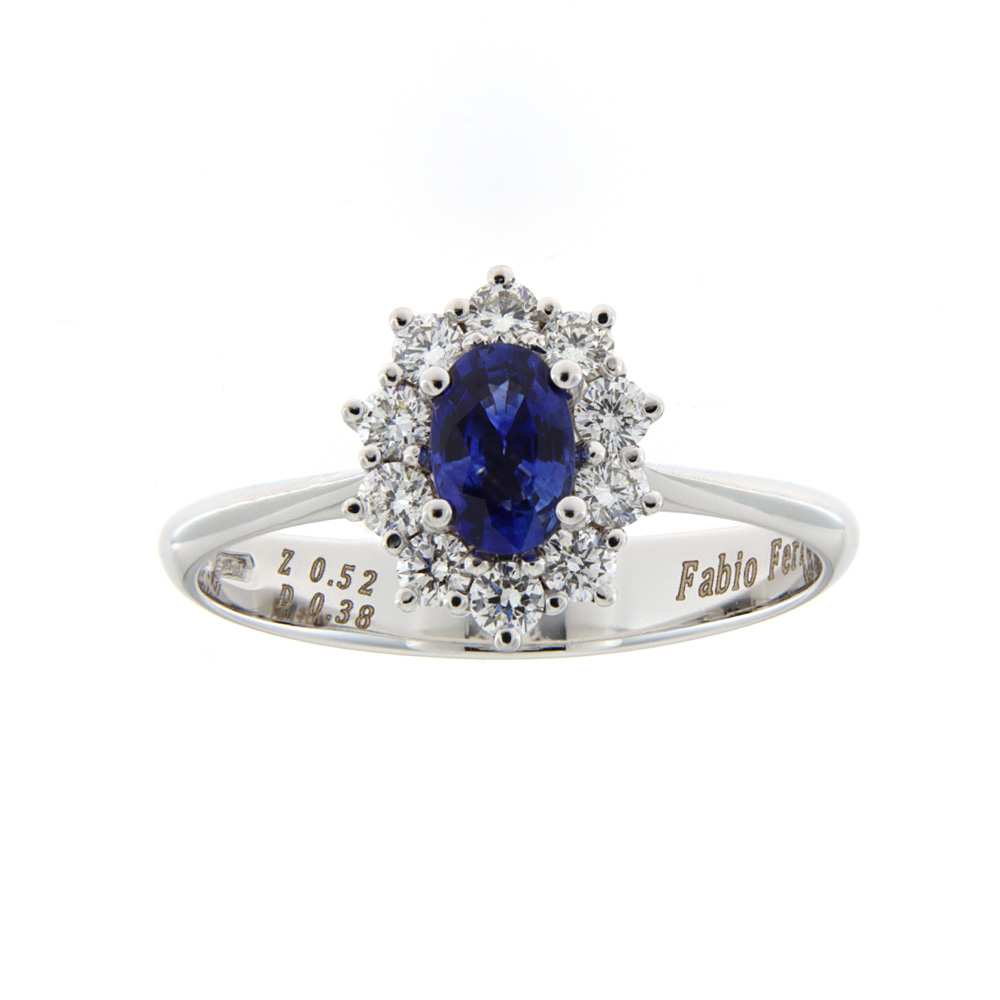White Gold Woman Ring With Oval Cut Blue Sapphire and Brilliant Cut Diamonds