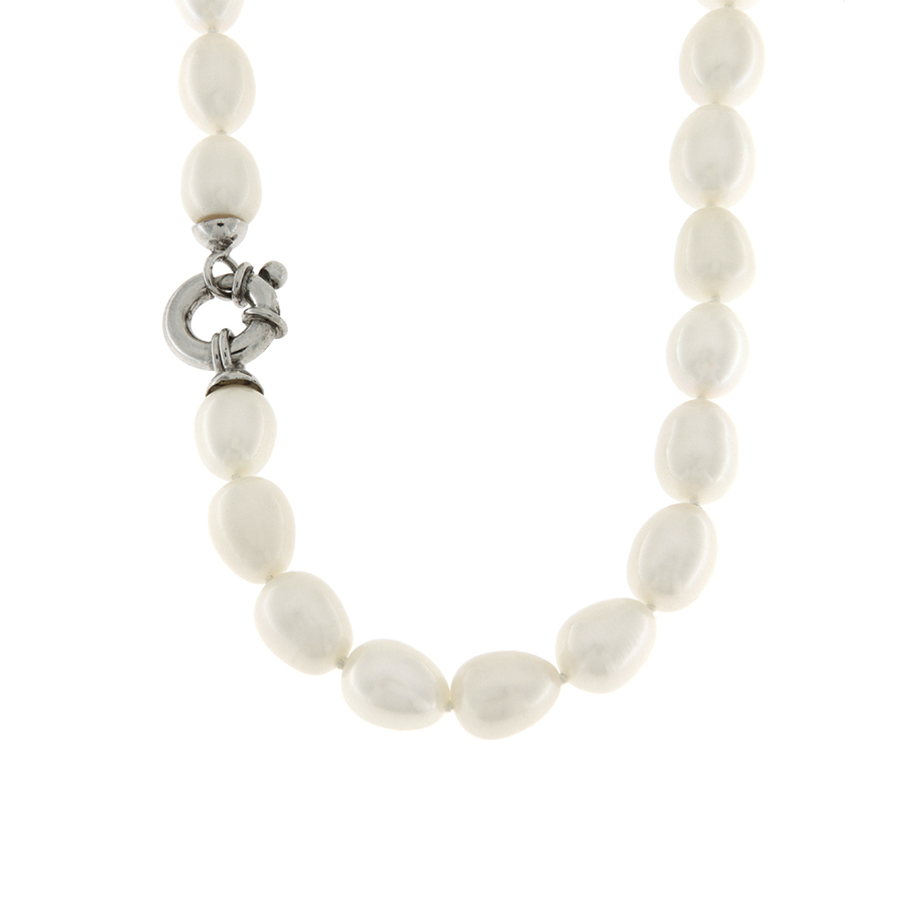 Collana di Perle Fabio Ferro Coltivate Acqua Dolce Ovali Bianche 8-9 mm