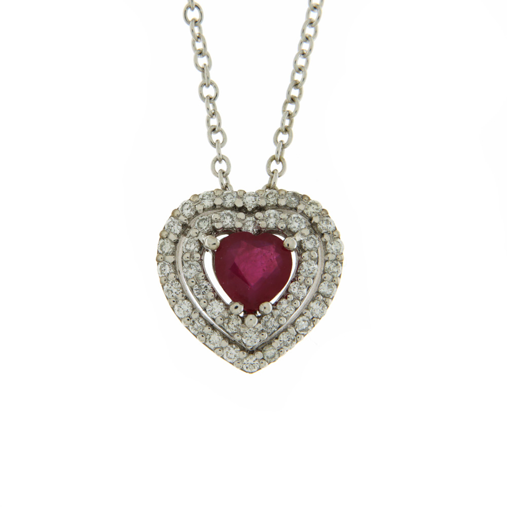 Fabio Ferro Red Ruby Heart Necklace in White Gold and Diamonds