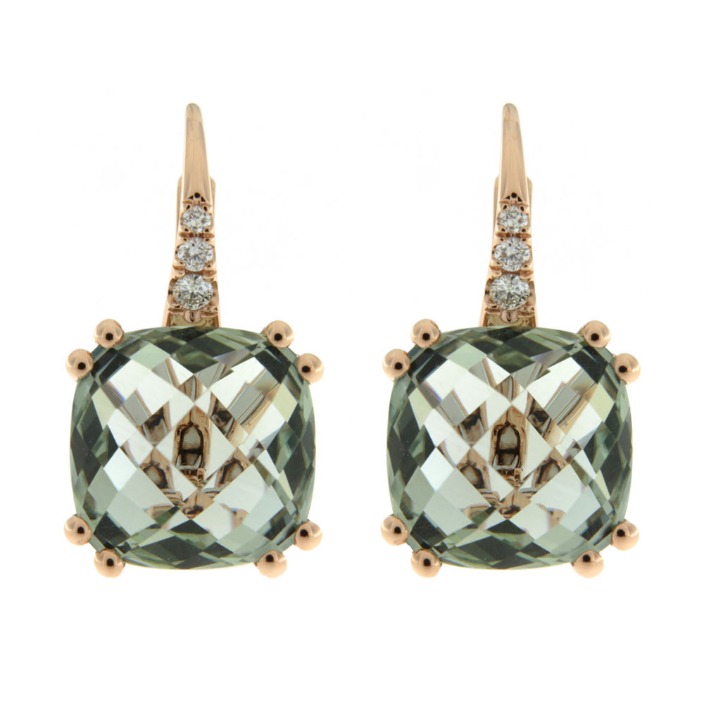 Fabio Iron Square Prasiolite Earrings in Rose Gold with Diamonds