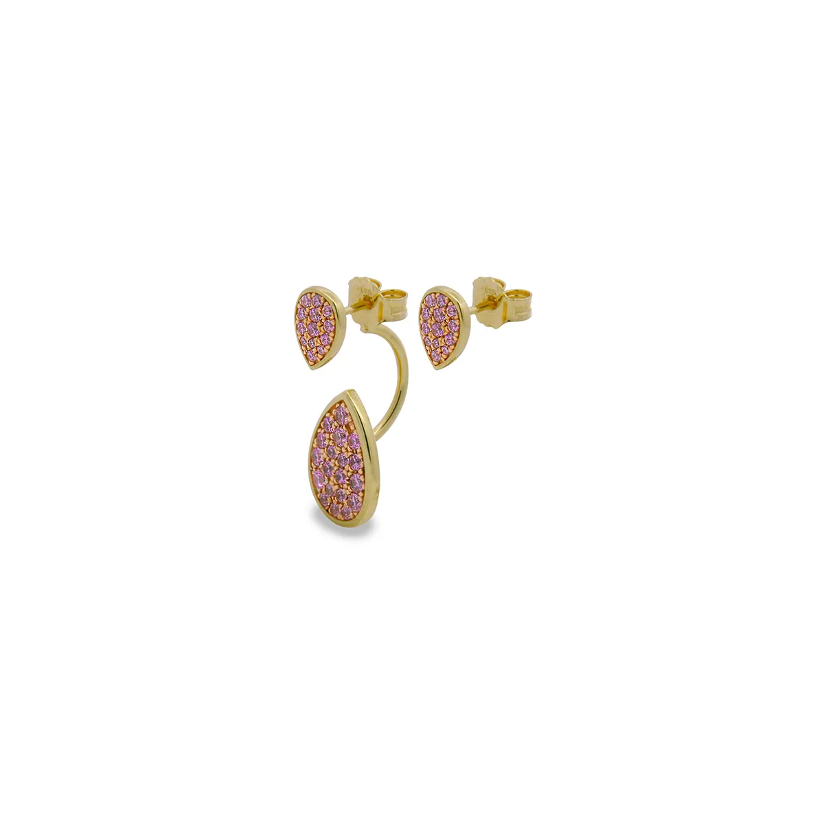 Rue des Mille symmetrische Ohrringe Double Drops Zirkone Rosa Galvanisch Gelb