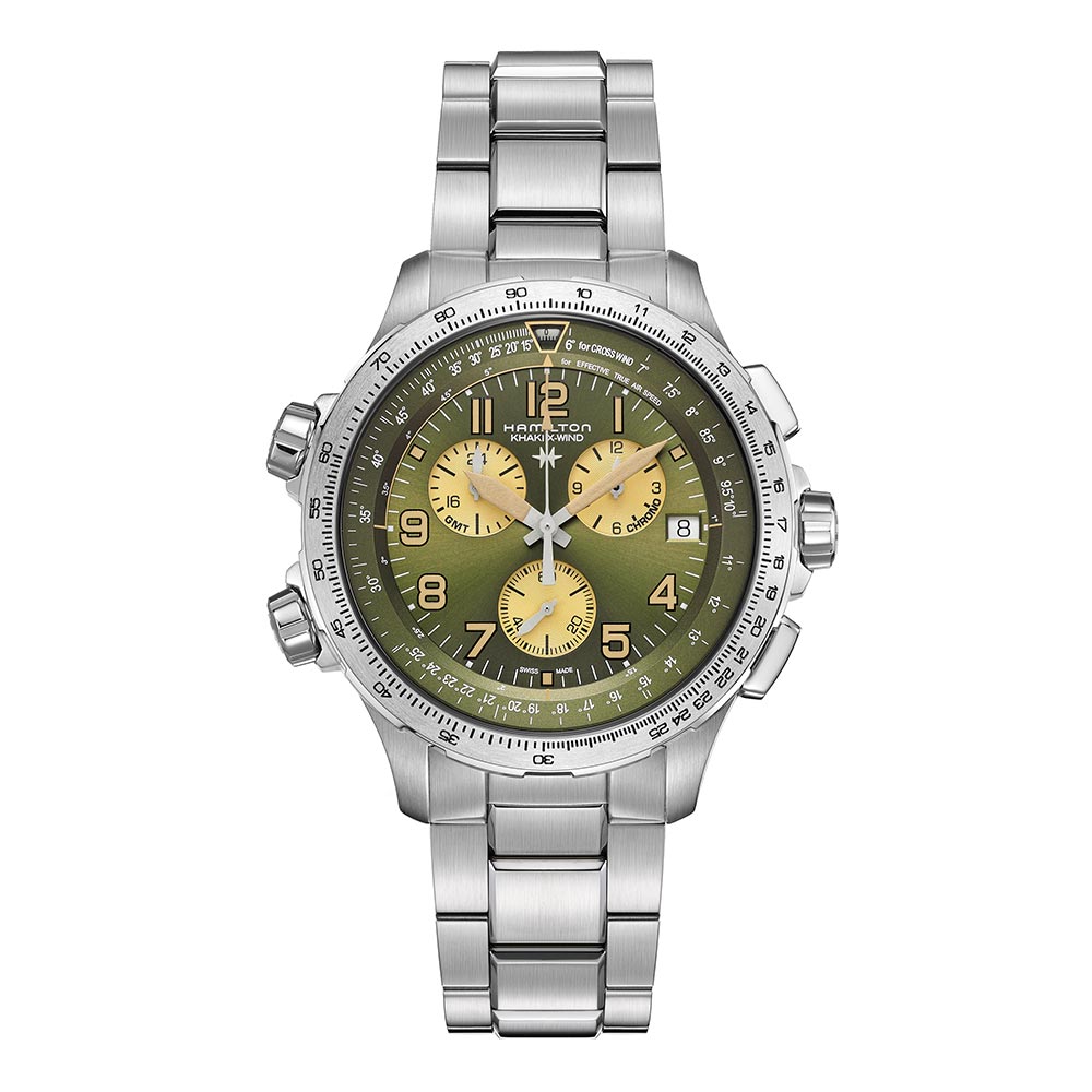 Hamilton Khaki Aviation X-Wind GMT Chrono Quartz Green Steel 46mm Watch