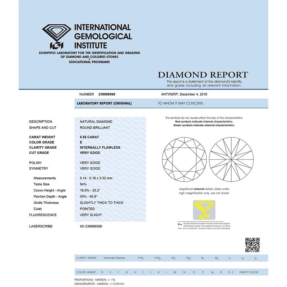 Investment Diamond in Blister Pack with IGI Certificate Brilliant Cut Carats 0.55 E IF