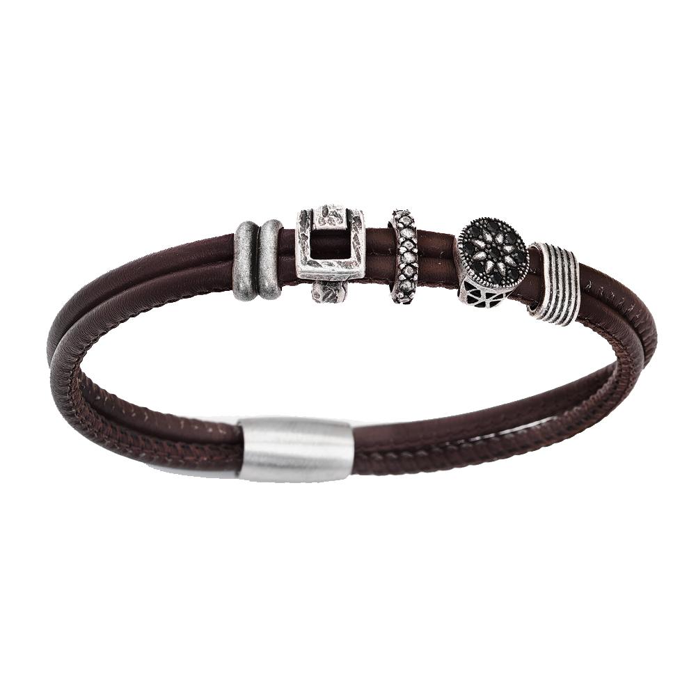 Amen Men's Bracelet in Double Brown Leather and White Bronze Length Cm. 20 A-Men collection