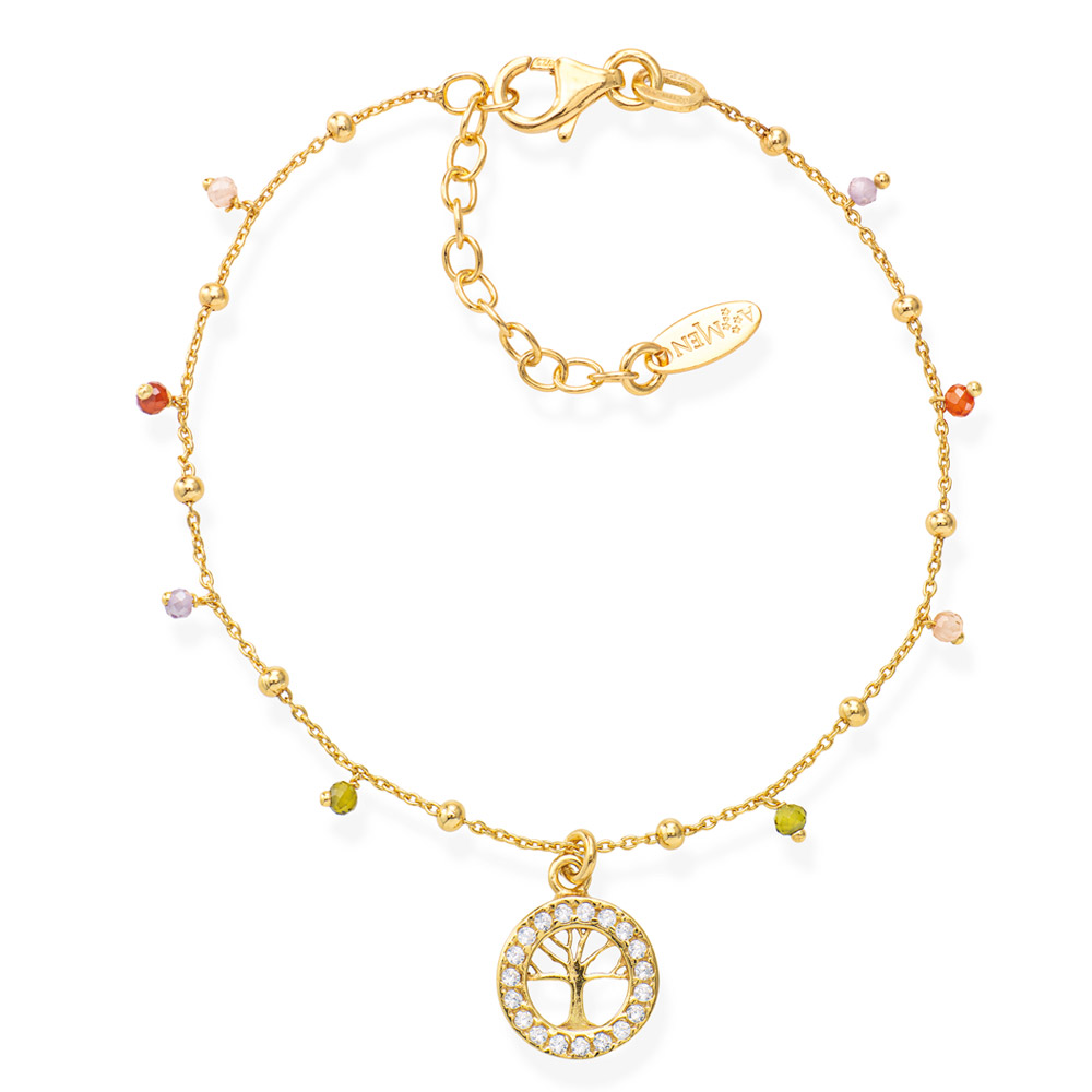 Amen Tree of Life Bracelet with Zircons in Yellow Gold Plated Silver