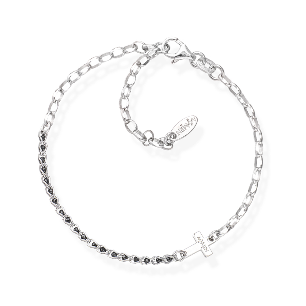 Amen Concatenated Cross Bracelet with Black Crystals in Silver