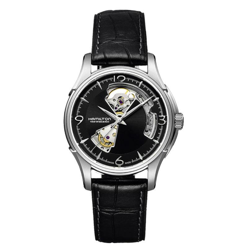 Hamilton Men's Watch Jazzmaster Open Heart Black Automatic Collection In Steel And Leather