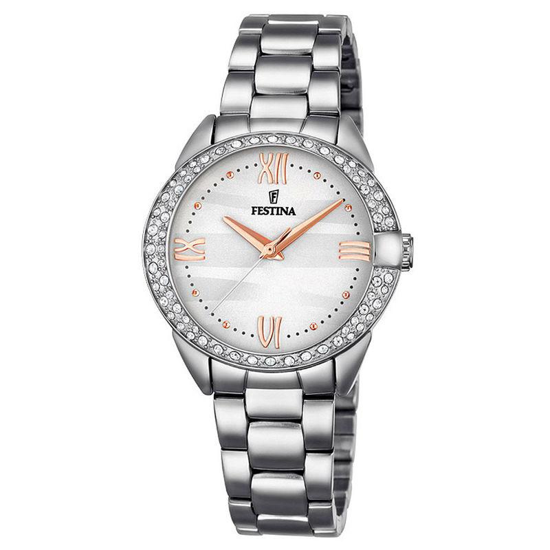 Festina Women's Watch New Mademoiselle Collection In White Steel With Rhinestone Bezel