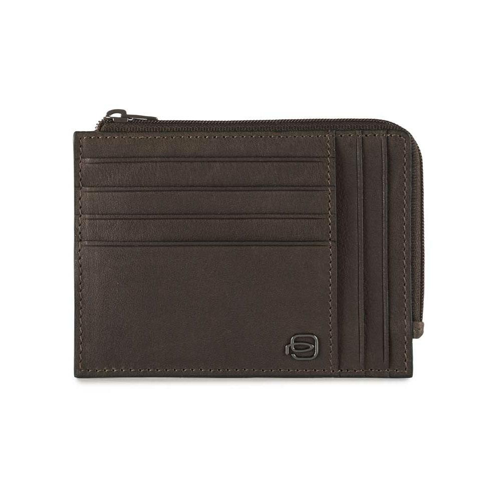 Piquadro Card Holder Black Square Collection In Brown Leather with Zip