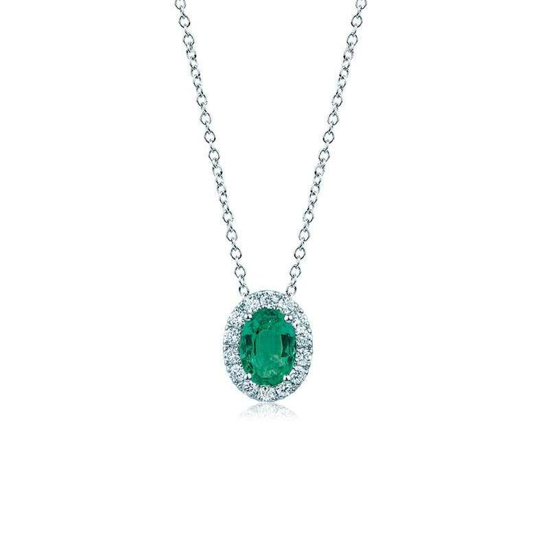 Valenza Women's Jewelry Choker In White Gold With Oval Pendant With Diamonds And Oval Cut Emerald