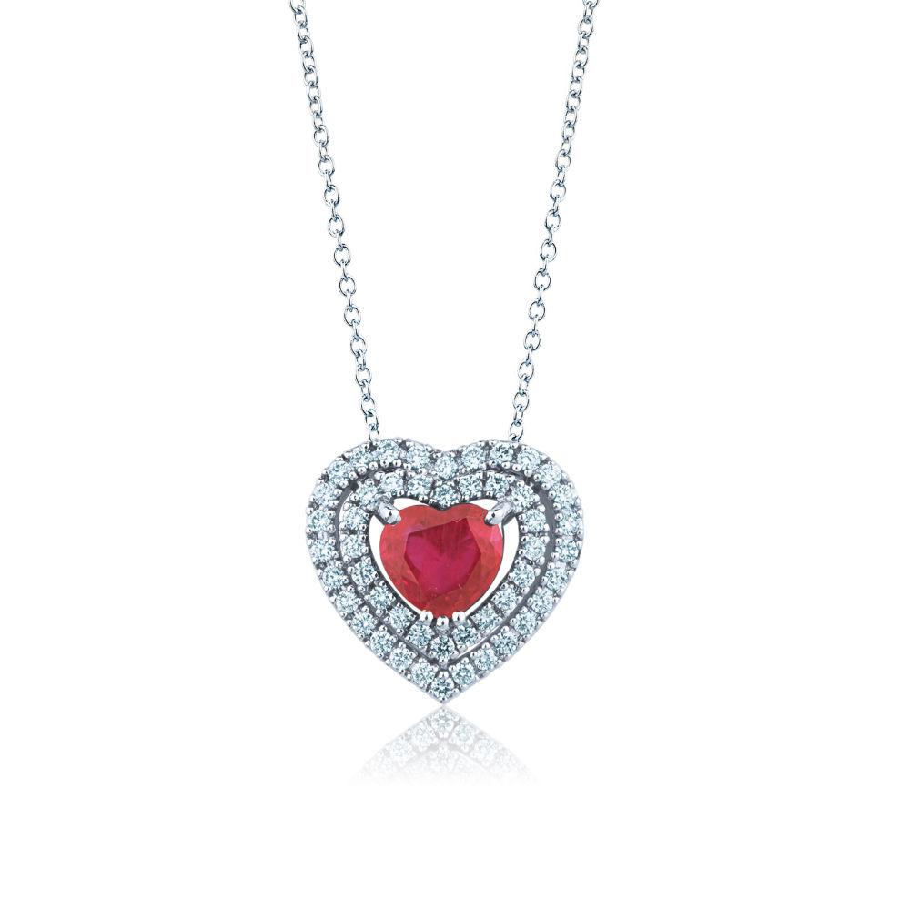 Necklace Valenza Woman Jewelry In White Gold With Heart-shaped Pendant In Diamonds And Ruby
