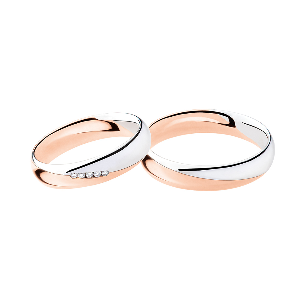 Pair of Polello White and Rose Gold Wedding Rings with 5 Brilliant Cut Diamonds Carats 0.05