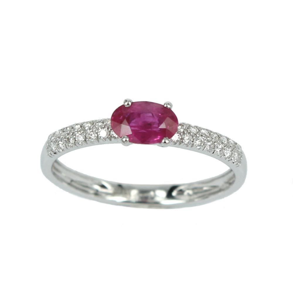 White Gold Woman Ring With Pavé Diamonds and Ruby Oval Cut Valenza Jewelry