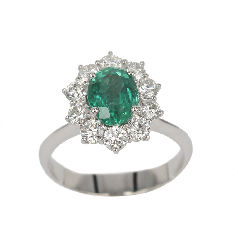 White Gold Ring With Emerald Ct. 1.20 and brilliant cut diamonds Ct. 0.90 Handmade