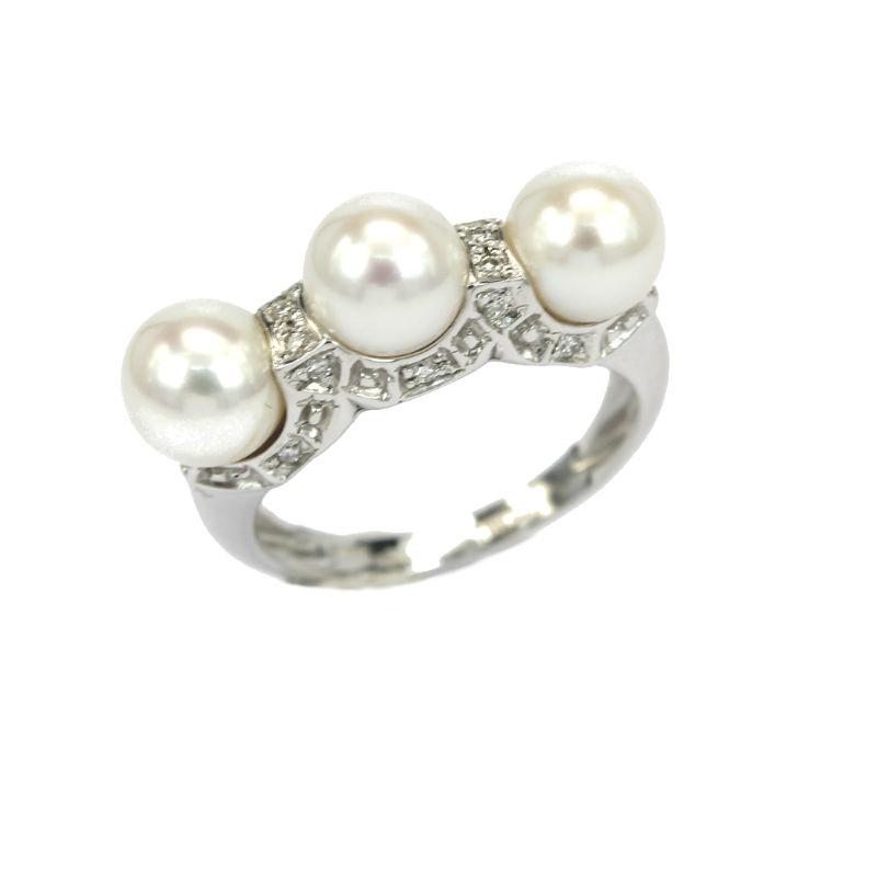 Women's White Gold Ring with Cultured Pearls and 0.10 Carat Diamonds