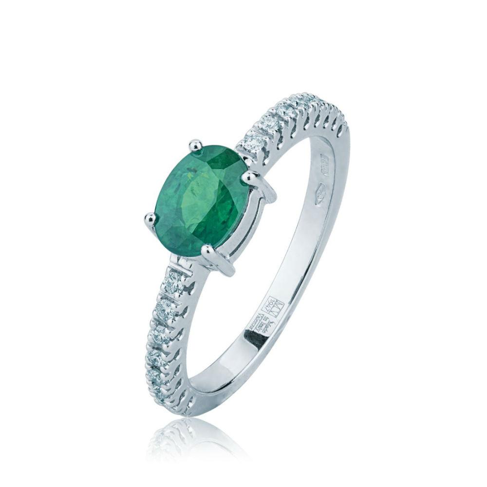Ring Woman Model Veretta In White Gold With Diamonds And Emerald Oval Cut Valenza Jewelry