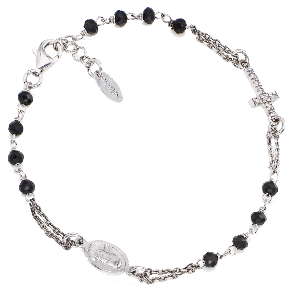 Amen Bracelet in 925 Silver with Black Crystals and Cross in White Cubic Zirconia Rosary Collection