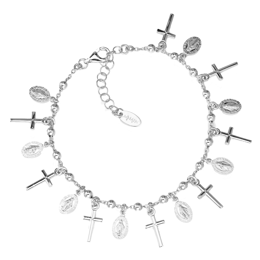 Amen Bracelet in 925 Sterling Silver With Crosses and Madonna Prayer Collection Loves