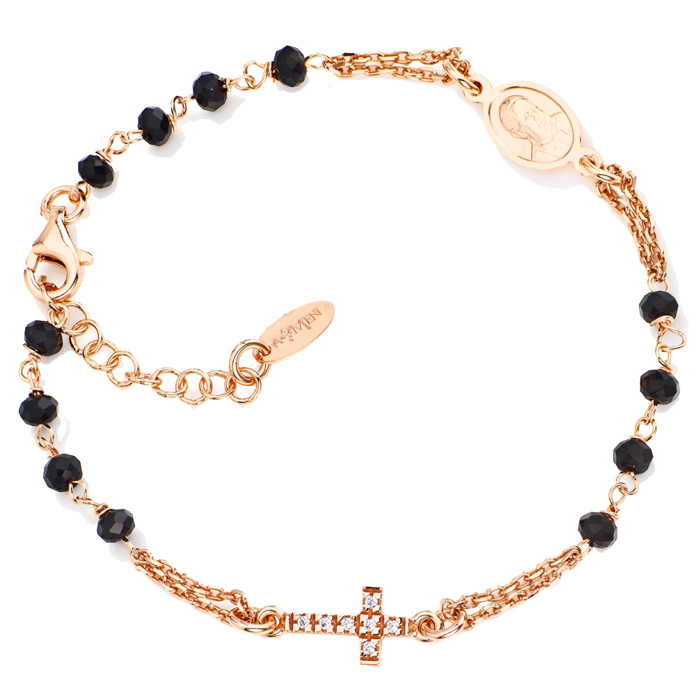 Amen Rose Plated 925 Sterling Silver Bracelet with Black Crystals and White Zircons Cross Rosary Collection