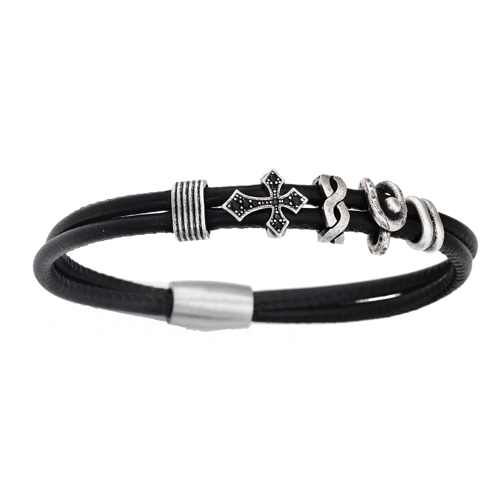 Amen Men's Bracelet in Double Black Leather and White Bronze with Cross Length Cm. 21 A-Men collection