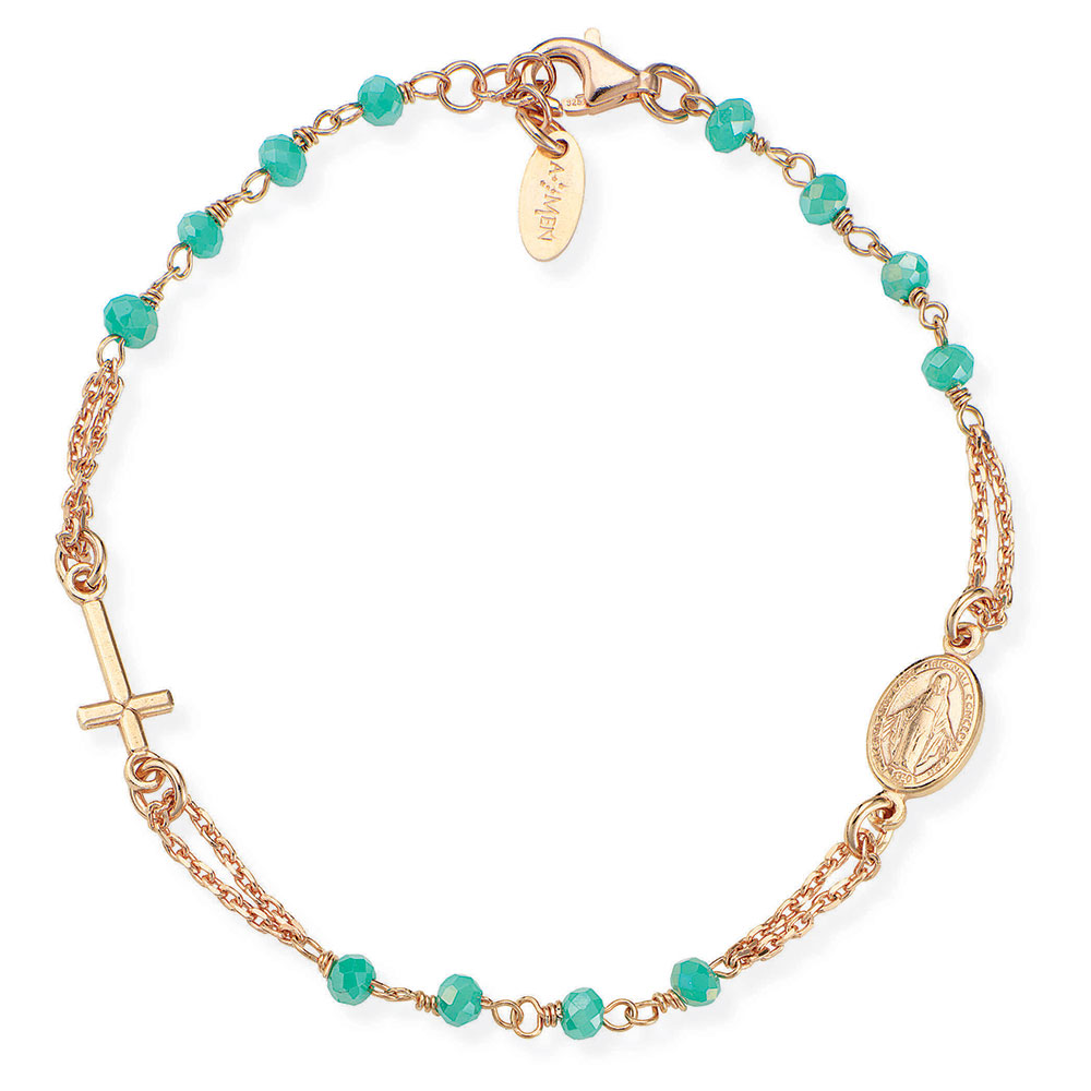 Amen Bracelet In 925 Rose Silver With Sea Green Crystals Rosaries Collection