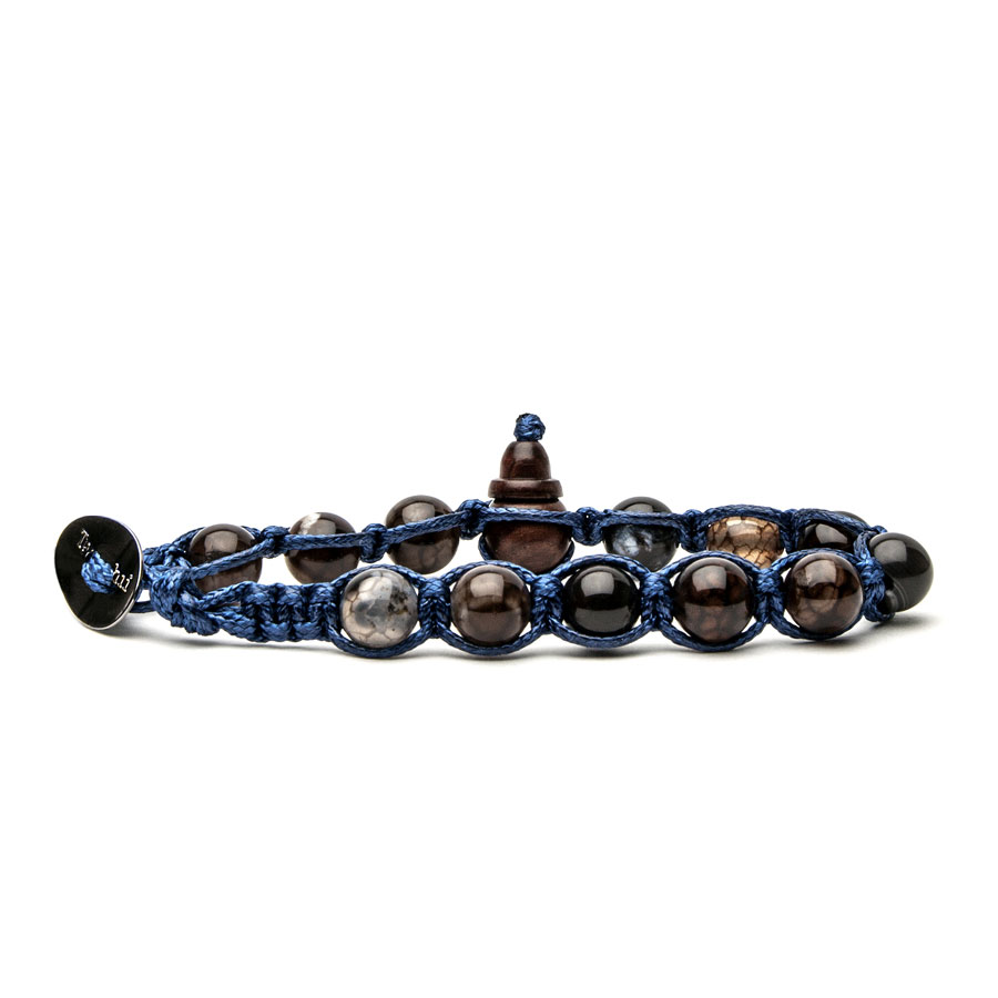 Tibetan Tamashii Bracelet in Brown Agate on Blue Cord Base