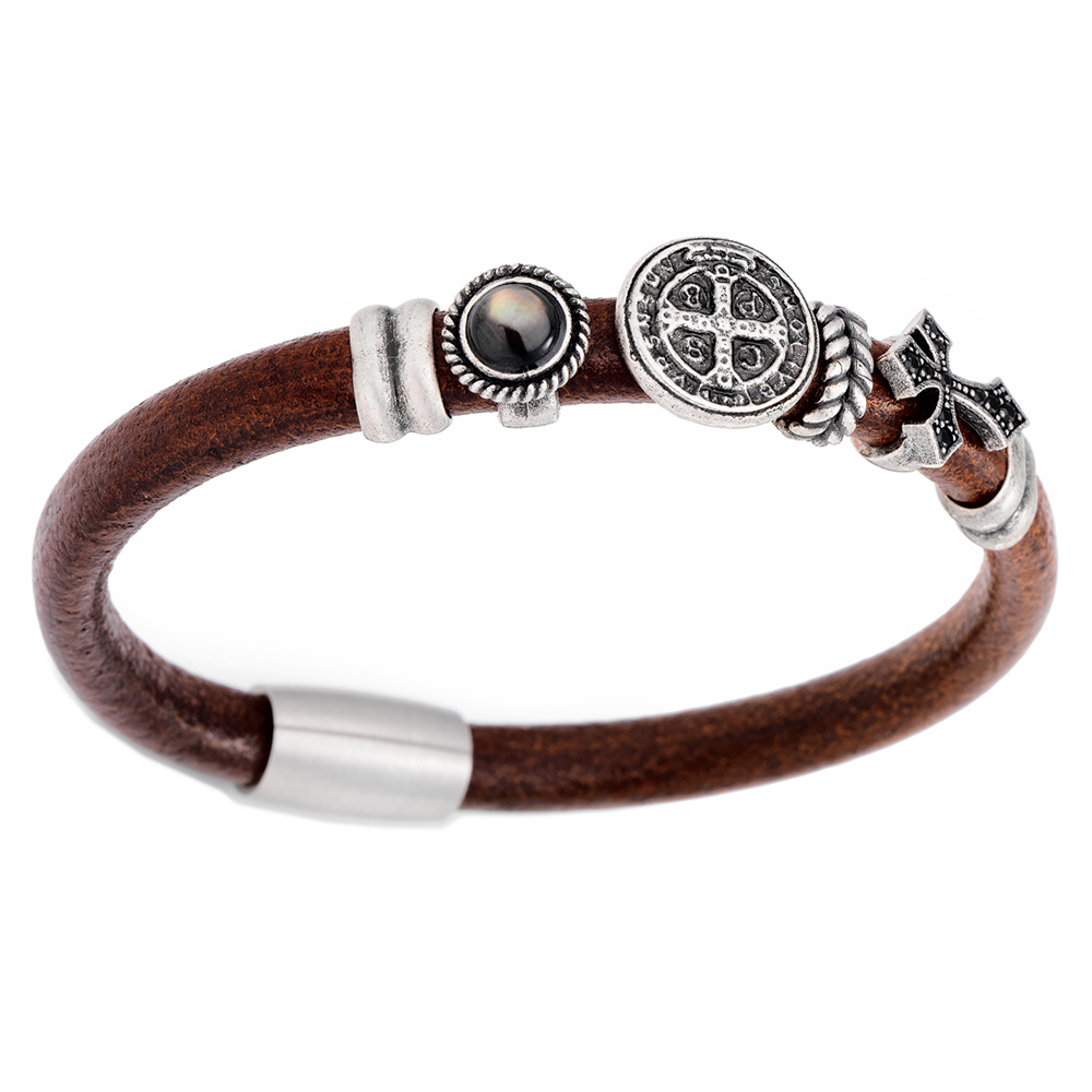 Amen Men's Bracelet in Brown Leather and White Bronze Length Cm. 20