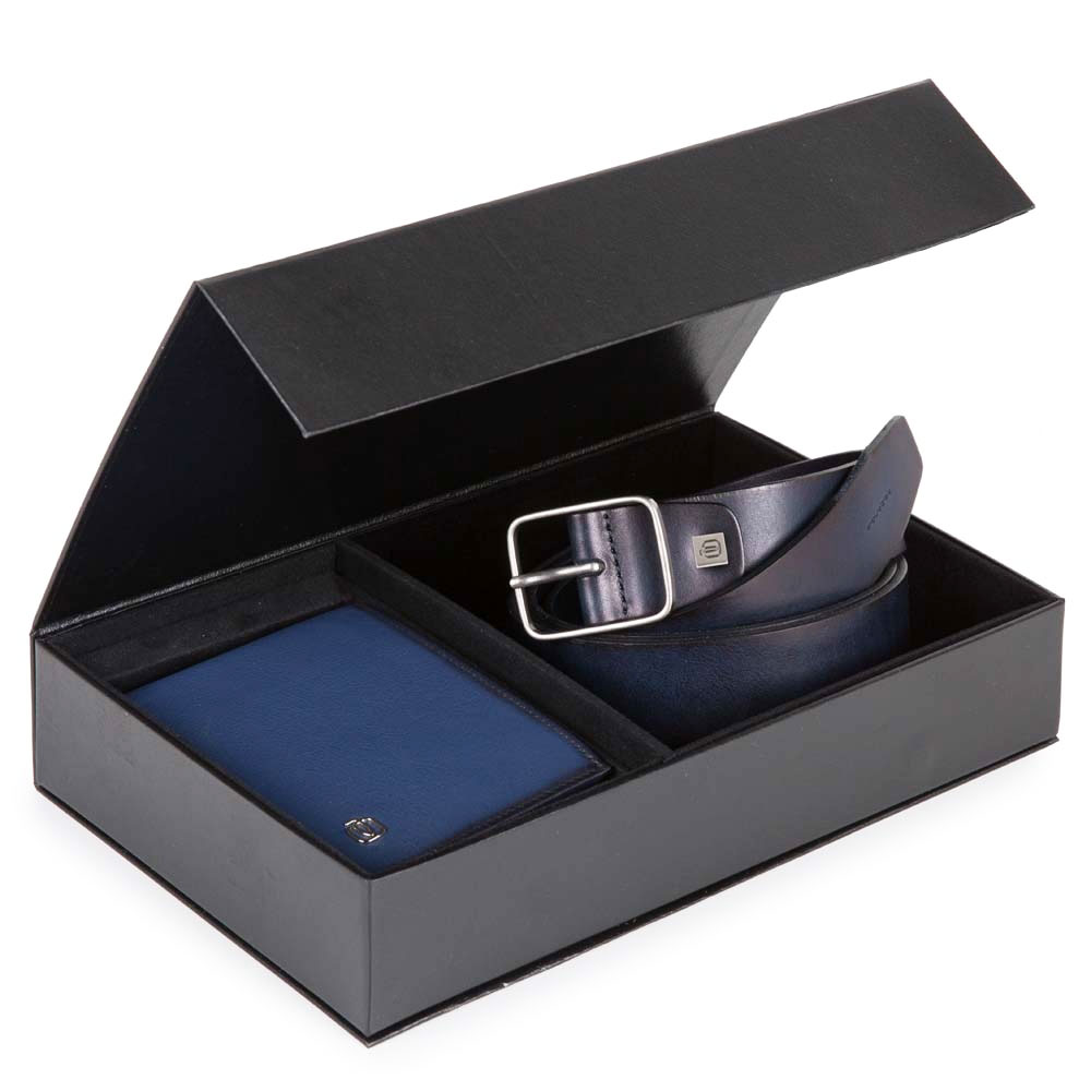 Piquadro Men's Gift Box With Belt and Blue Edge Leather Wallet