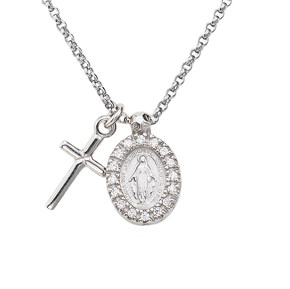 Amen Necklace In 925 Sterling Silver and White Cubic Zirconia With Madonna Medal Tennis Collection
