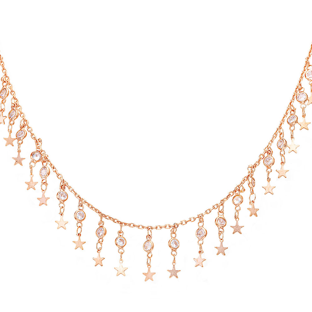 Amen 925 Rose Silver Necklace with Chandelier of Stars and Zircons Couture Collection