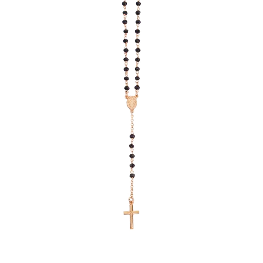 Amen Rose Plated Rosary Necklace With Black Crystals Length 50 cm