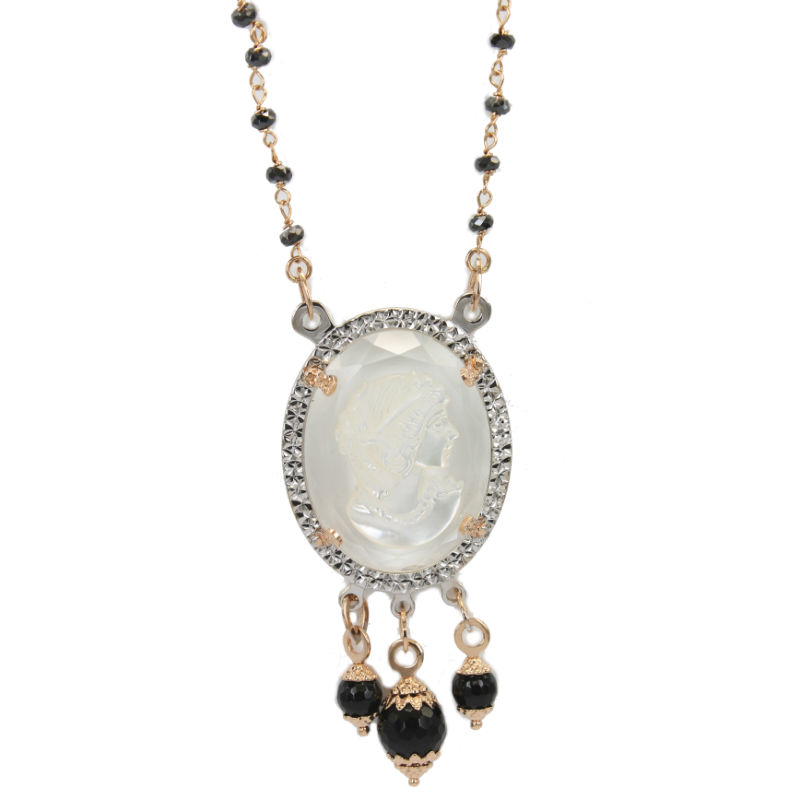 Women's Rose and White Gold Necklace With Black Spinel and Cameo