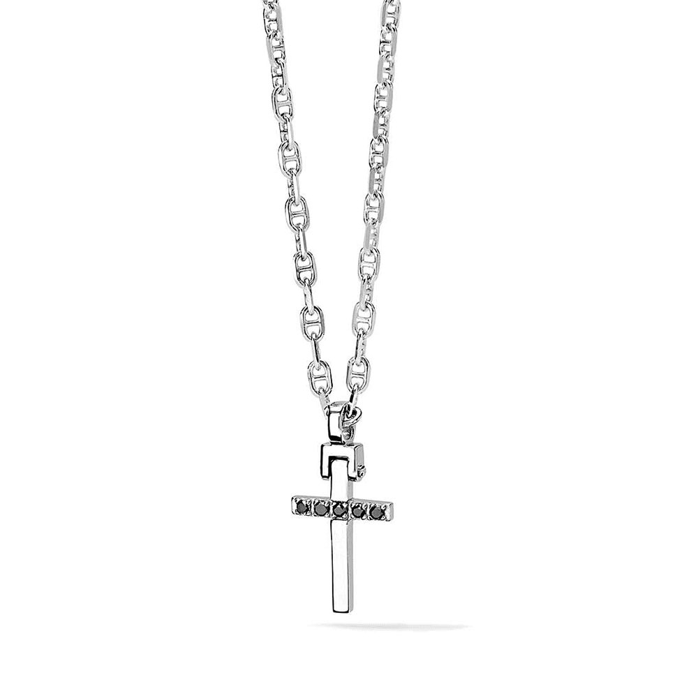 Comete Gioielli Men's Necklace in 925 Silver with White Gold Cross and Black Diamonds Faith Collection