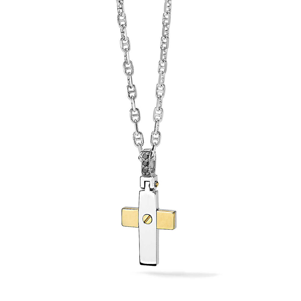 Comete Gioielli Men's Necklace in 925 Silver with White and Yellow Gold Cross with Black Diamonds Faith Collection