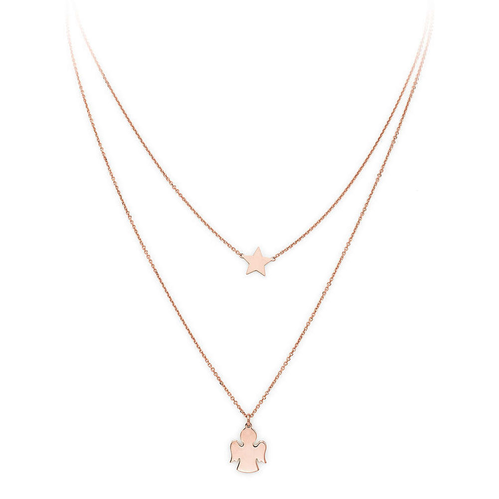 Amen Double Necklace In 925 Rose Plated Sterling Silver with Star and Angel Collection Length 45 cm.