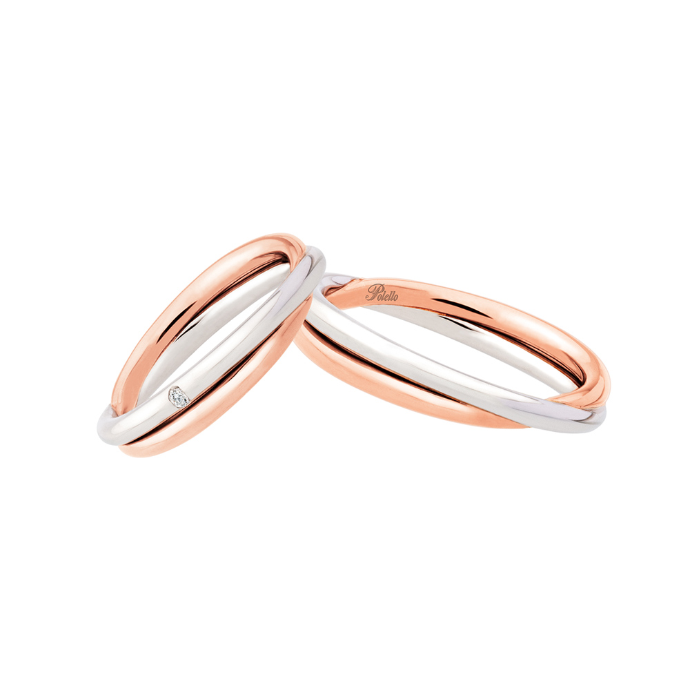 Pair of Polello White and Rose Gold Wedding Rings With Diamond Cut Brilliant Carats 0.03 Found Love Collection