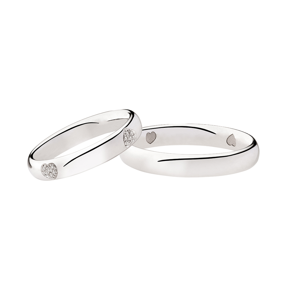 Pair of Wedding Rings Polello in White Gold Hearts Collection With Diamond Pavè Brilliant Cut Carats 0.06