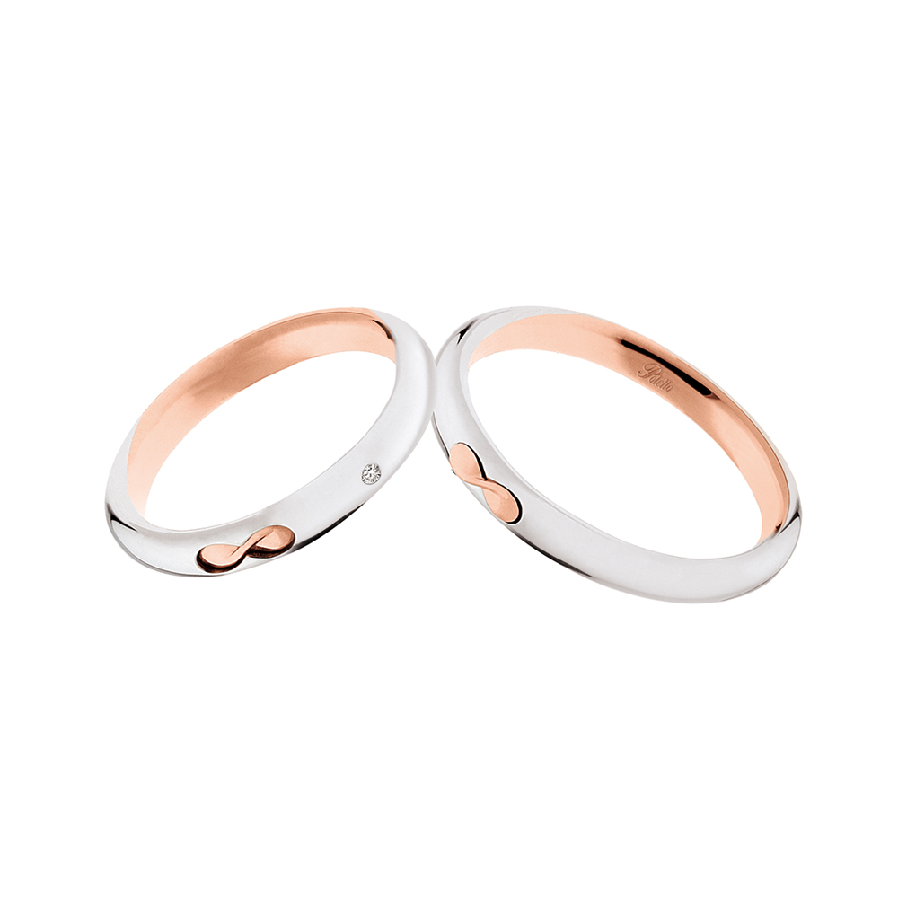 Pair of Polello White and Rose Gold Cohabitation Wedding Rings With Brilliant Cut Diamond Carats 0.01 and Infinity Symbol