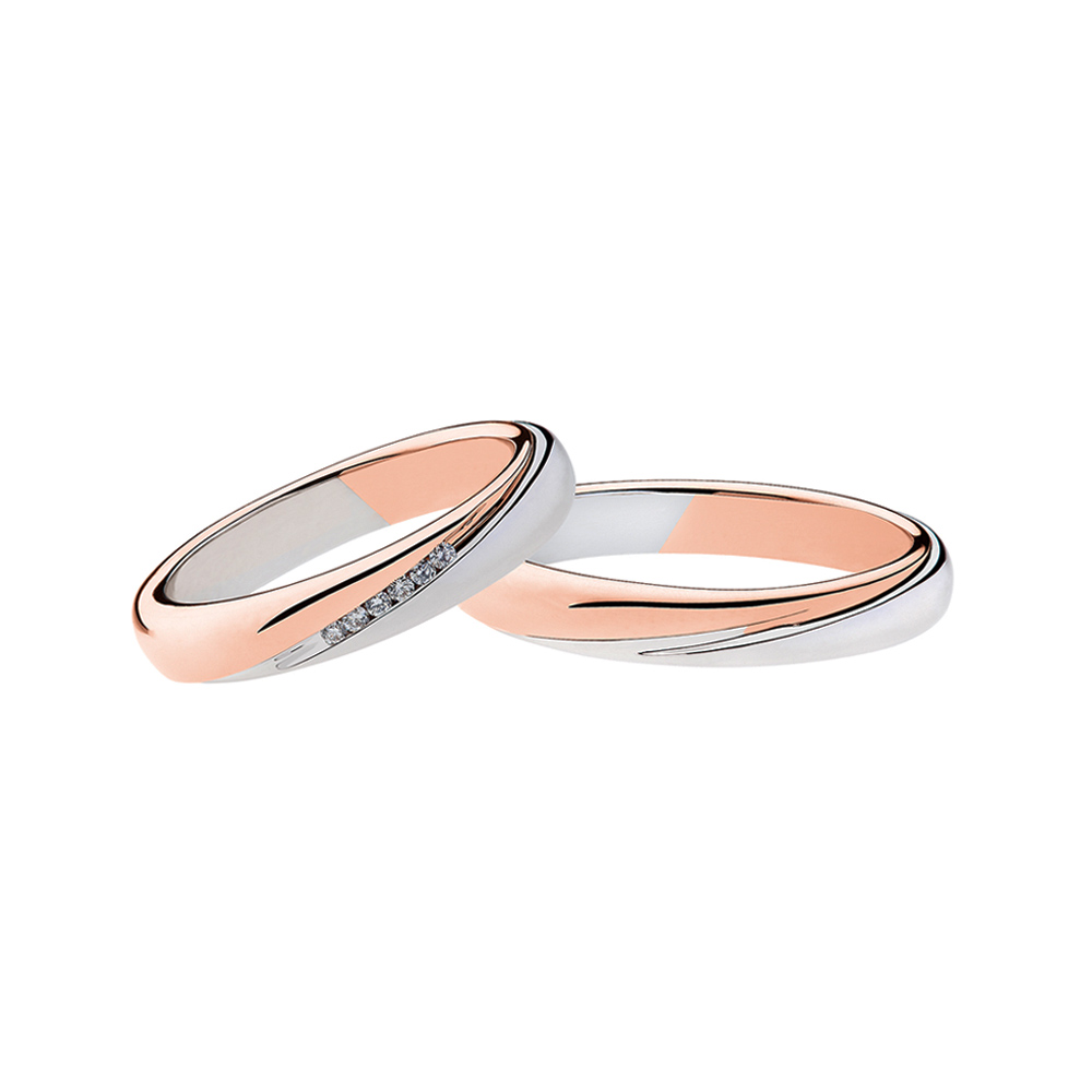 Pair of Polello Wedding Rings In White and Rose Gold Braided With 5 Brilliant Cut Diamonds Ct. 0.05