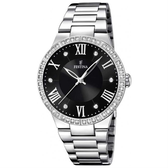Festina Woman In Steel With Black Dial And Rhinestones