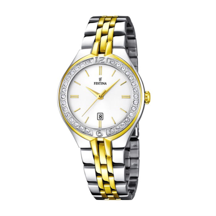Festina Women's Yellow Gold Plated Steel Watch with Rhinestone Bezel