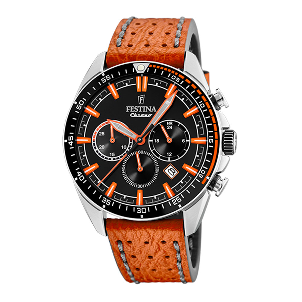 Festina Men's Watch Chrono Sport In Steel and Leather 44 mm