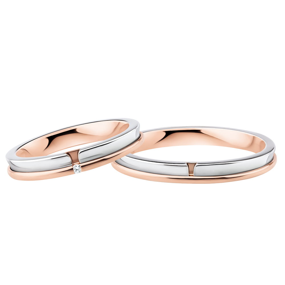 Pair of Polello Wedding Rings in White and Rose Gold Squared with Brilliant Cut Diamond Ct. 0.01