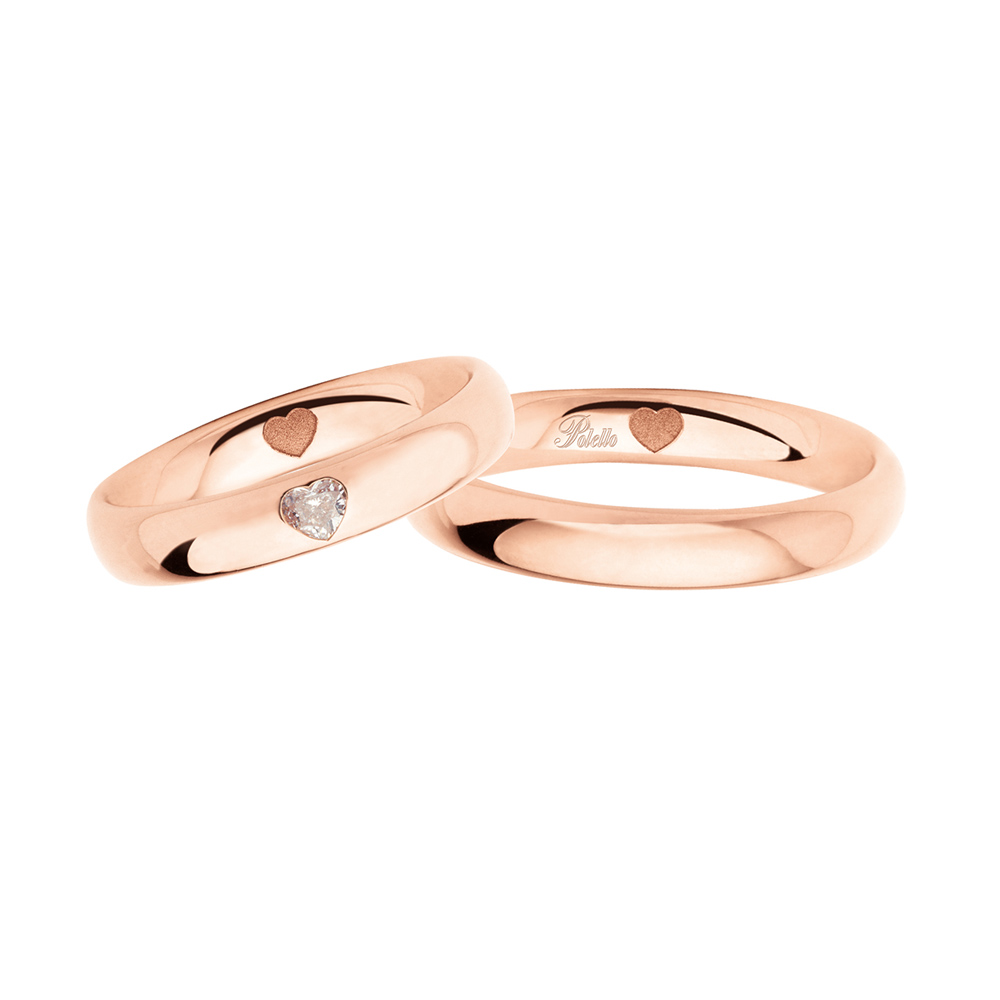 Pair of Polello wedding rings in rose gold and heart cut diamond. New collection The Shapes of Love