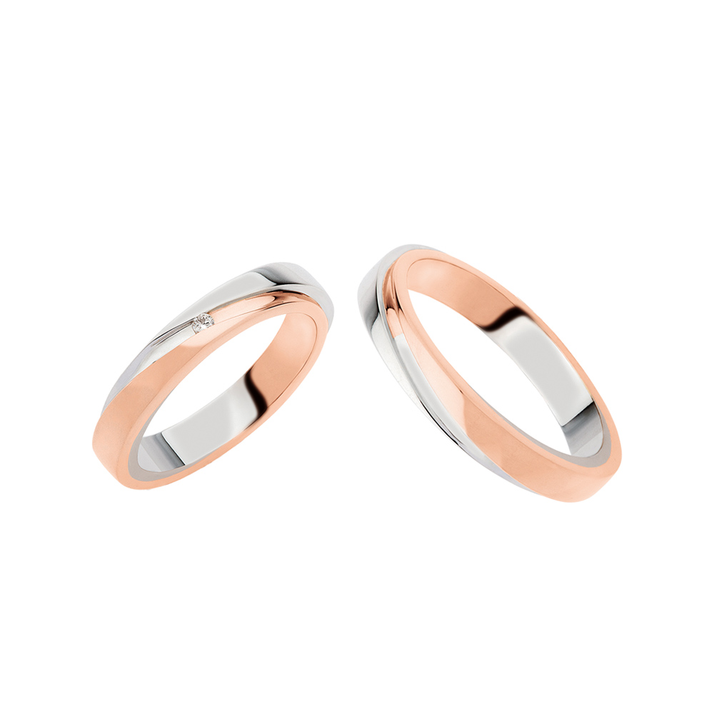 Pair of Polello Abbraccio Wedding Rings in White and Rose Gold with Diamond