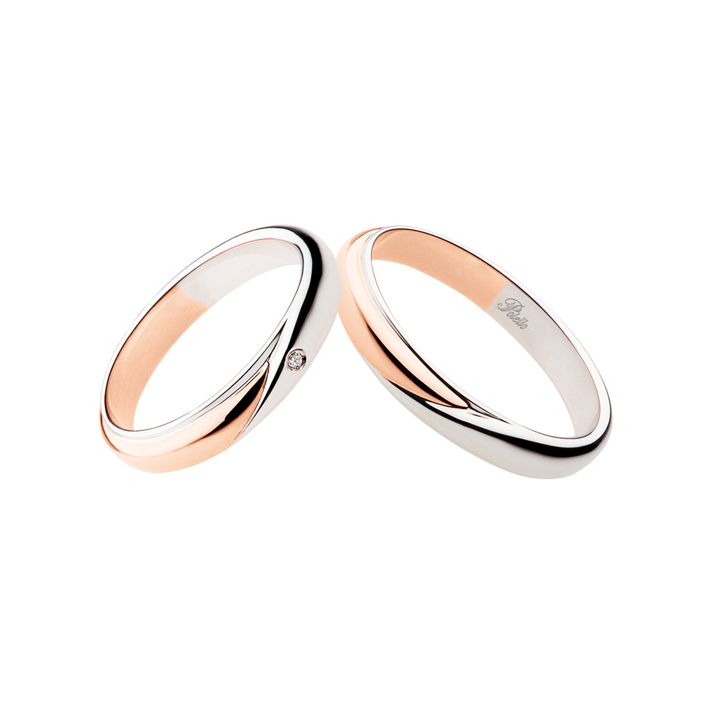 Pair of Polello Wedding Rings in White and Rose Gold Collection Together with Diamond Cut Brilliant Carats 0.01