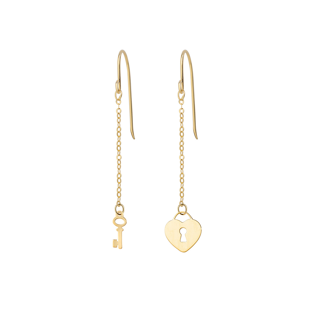 Amen Earrings in 9K Gold Key Lock Heart