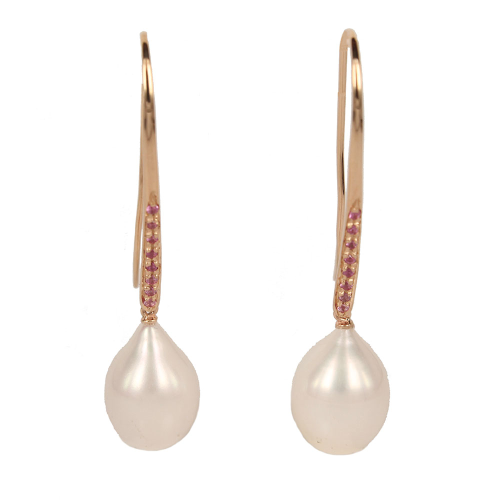 9 Kt Rose Gold Pendant Earrings With Drop Freshwater Cultured Pearls and Pink Sapphires