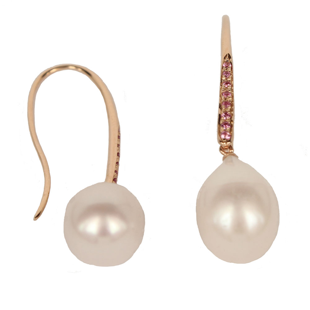 9 Kt Rose Gold Pendant Earrings With Drop Freshwater Cultured Pearls and Pink Sapphires