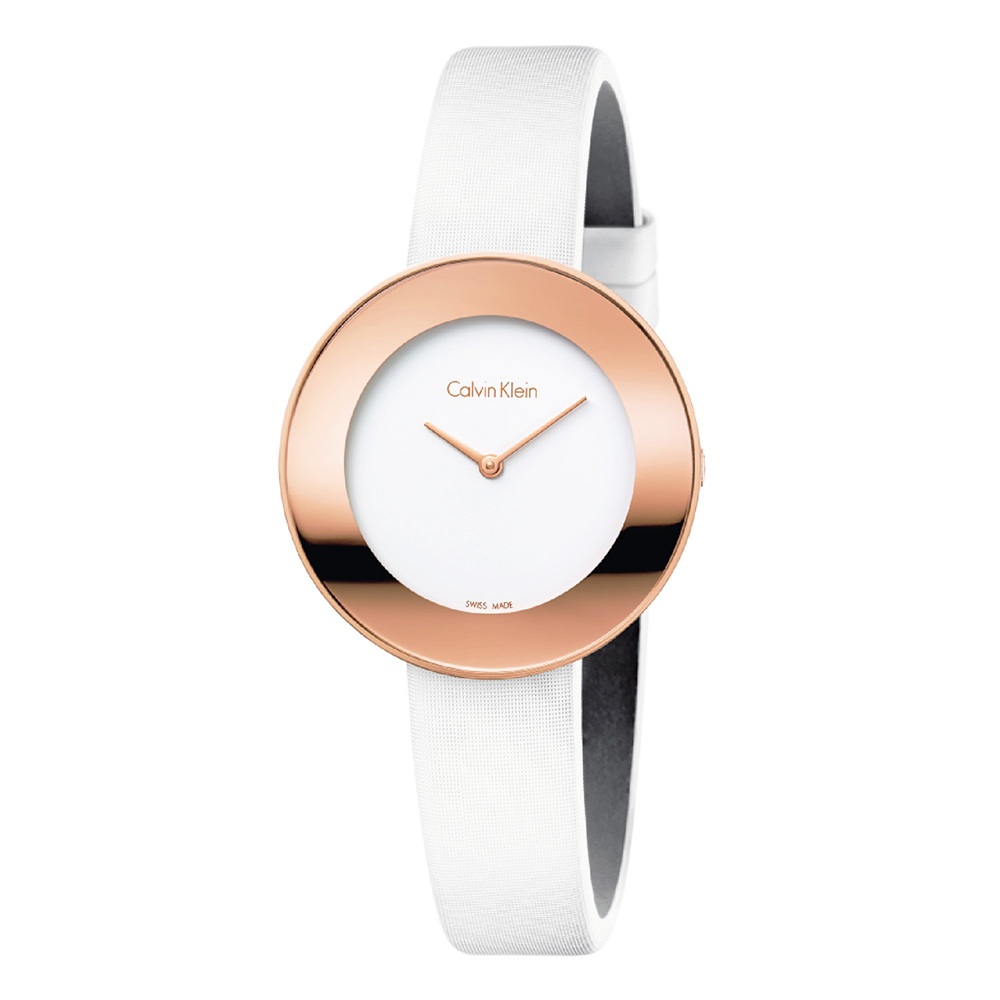 Calvin Klein Woman Watch New Chic Collection In Pink PVD Steel And White Satin Strap